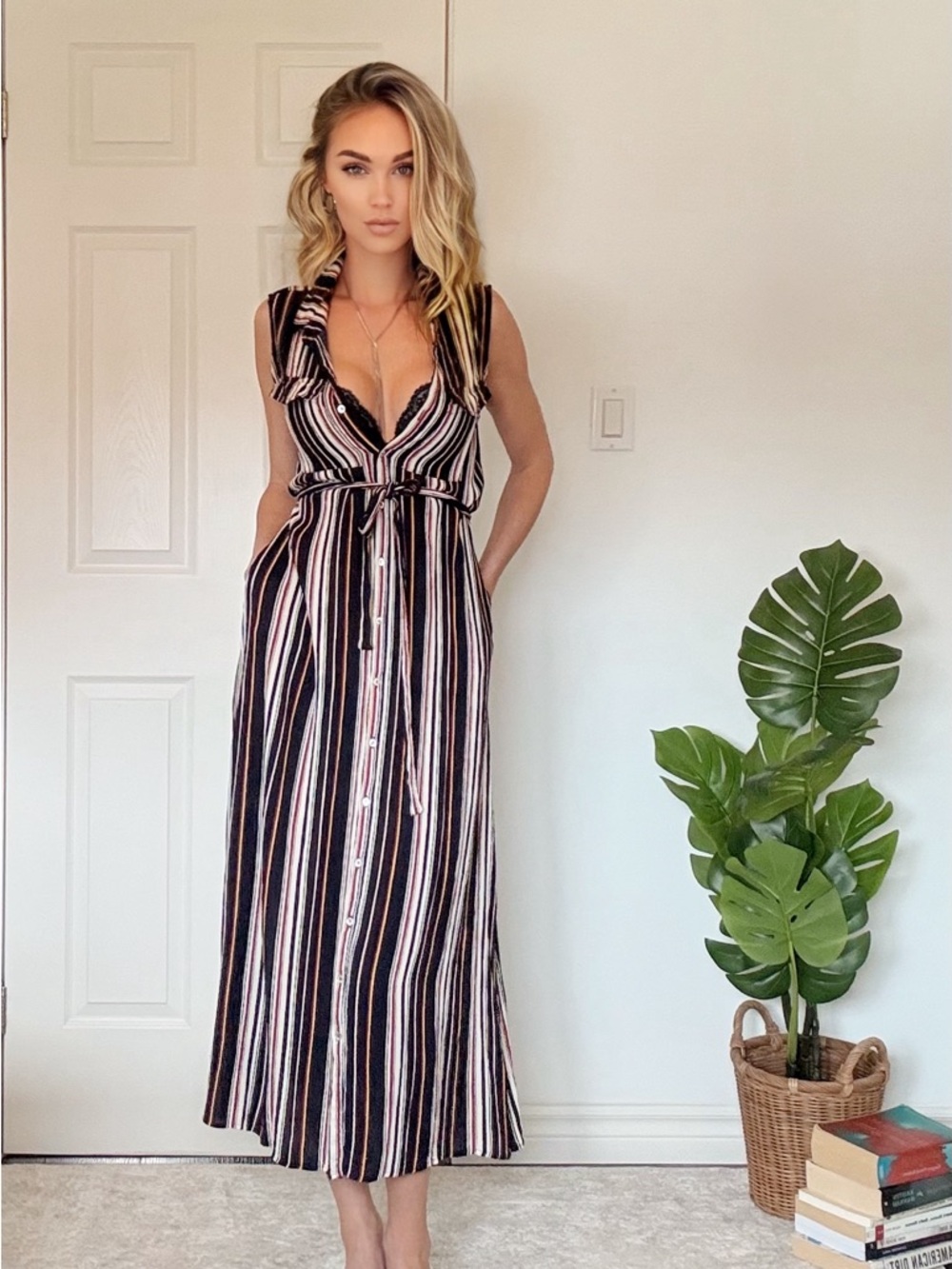 DAVI & DANI Navy, White, and Pink Striped Sleeveless Maxi Dress